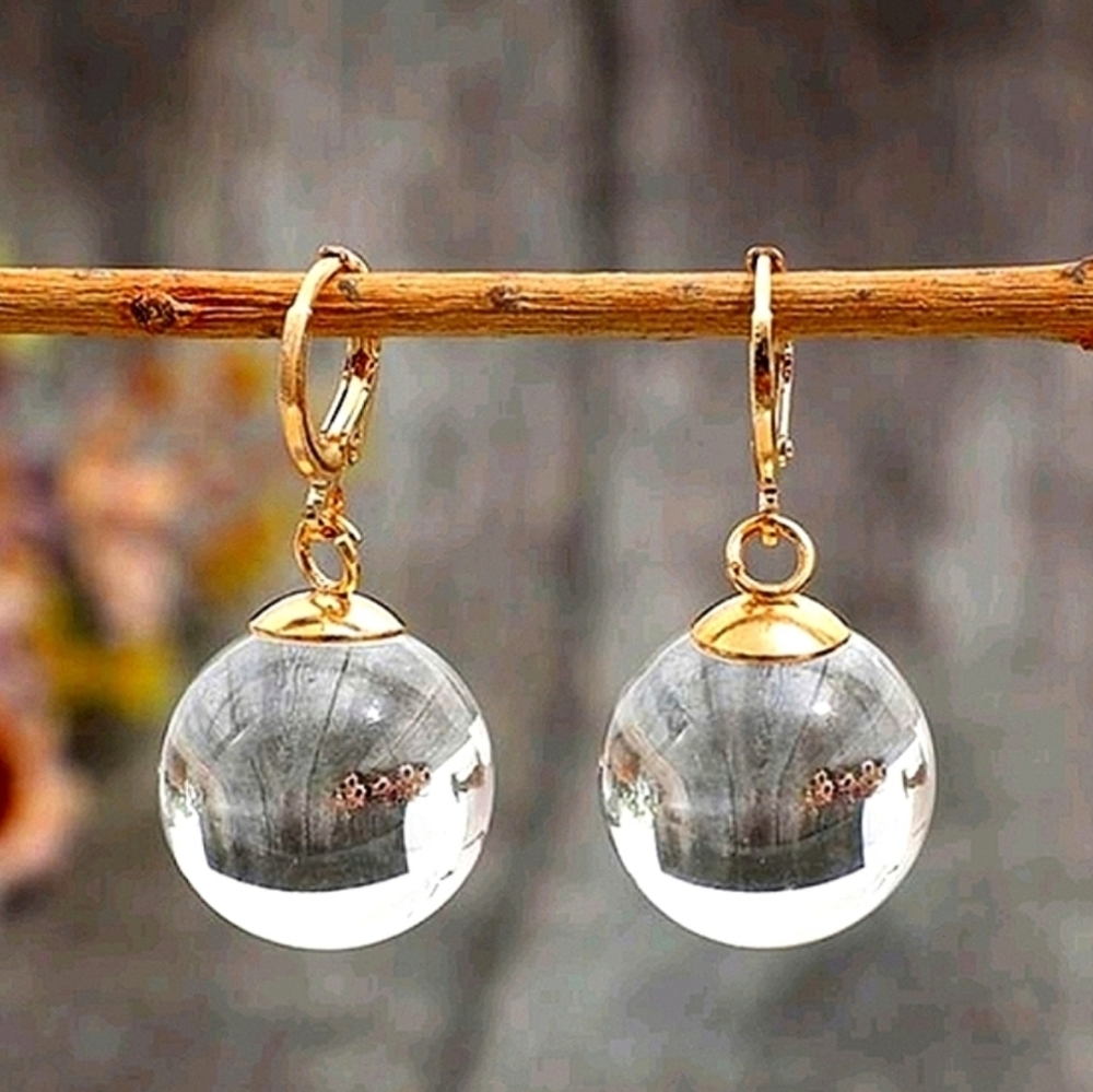 Clear orbs of light; round dangle earrings; 1.4 inch drop; .7"orb